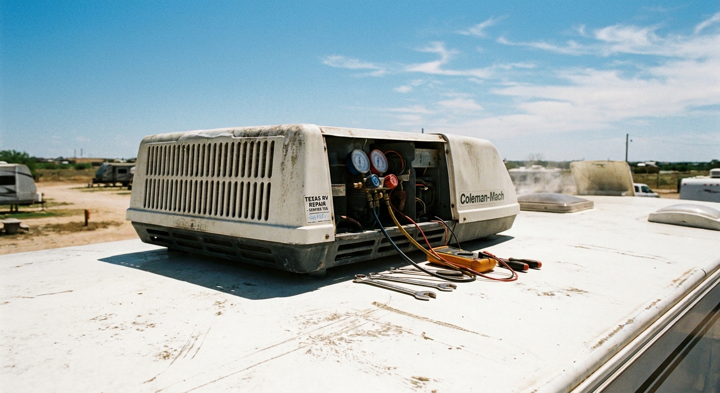 RV rooftop air conditioning unit under blazing Texas summer sun