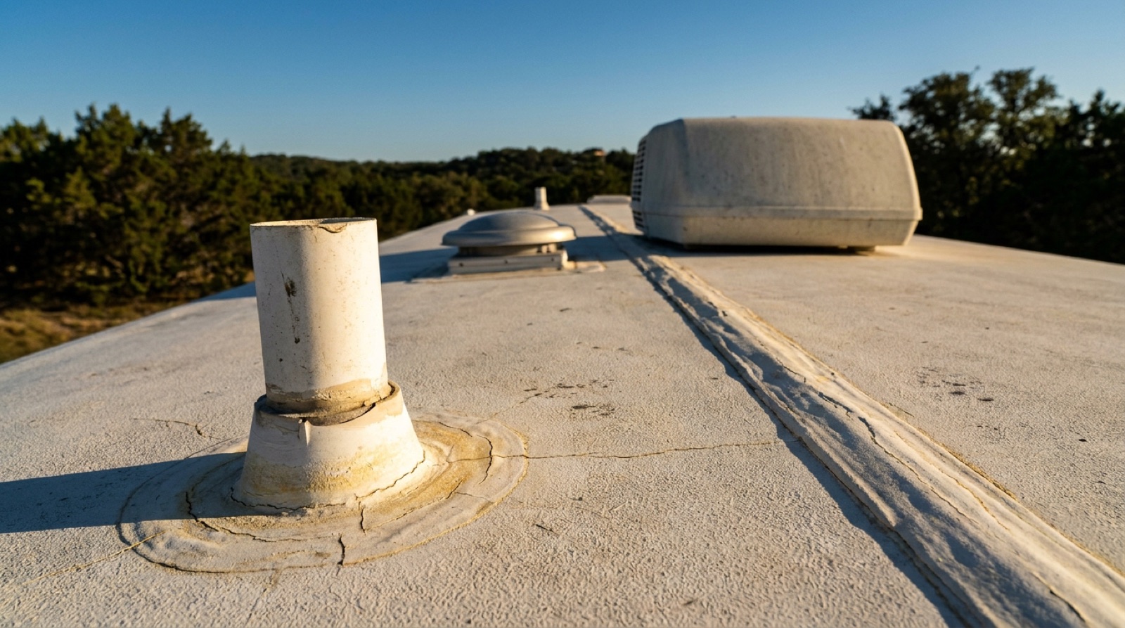 Aged white lap sealant cracking and yellowing around a plumbing vent and roof seam on an RV roof